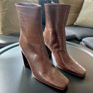 Nasty Gal faux leather croc square toe ankle boots. Brown. Size 7. Never worn!